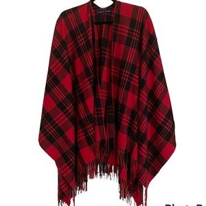 Red Buffalo Plaid Ruana Poncho Shawl with Fringe